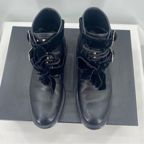 SAINT LAURENT Spike Studded Black Leather Combat Ankle Boots - Picture 9 of 12